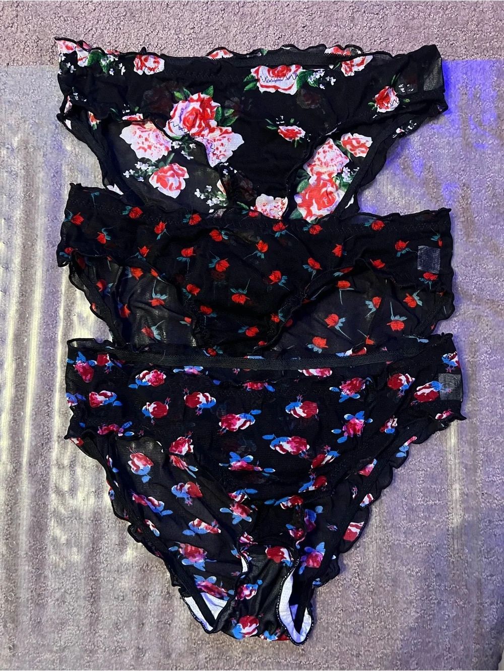3-Pack Black Floral Mesh Bikini Panty Set - Black with Red & Pink Roses